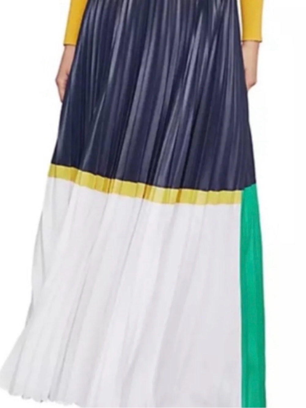 BCBGMaxAzria Navy, White & Green Pleated Colorblock Maxi Skirt with Yellow Trim - Picture 2 of 3